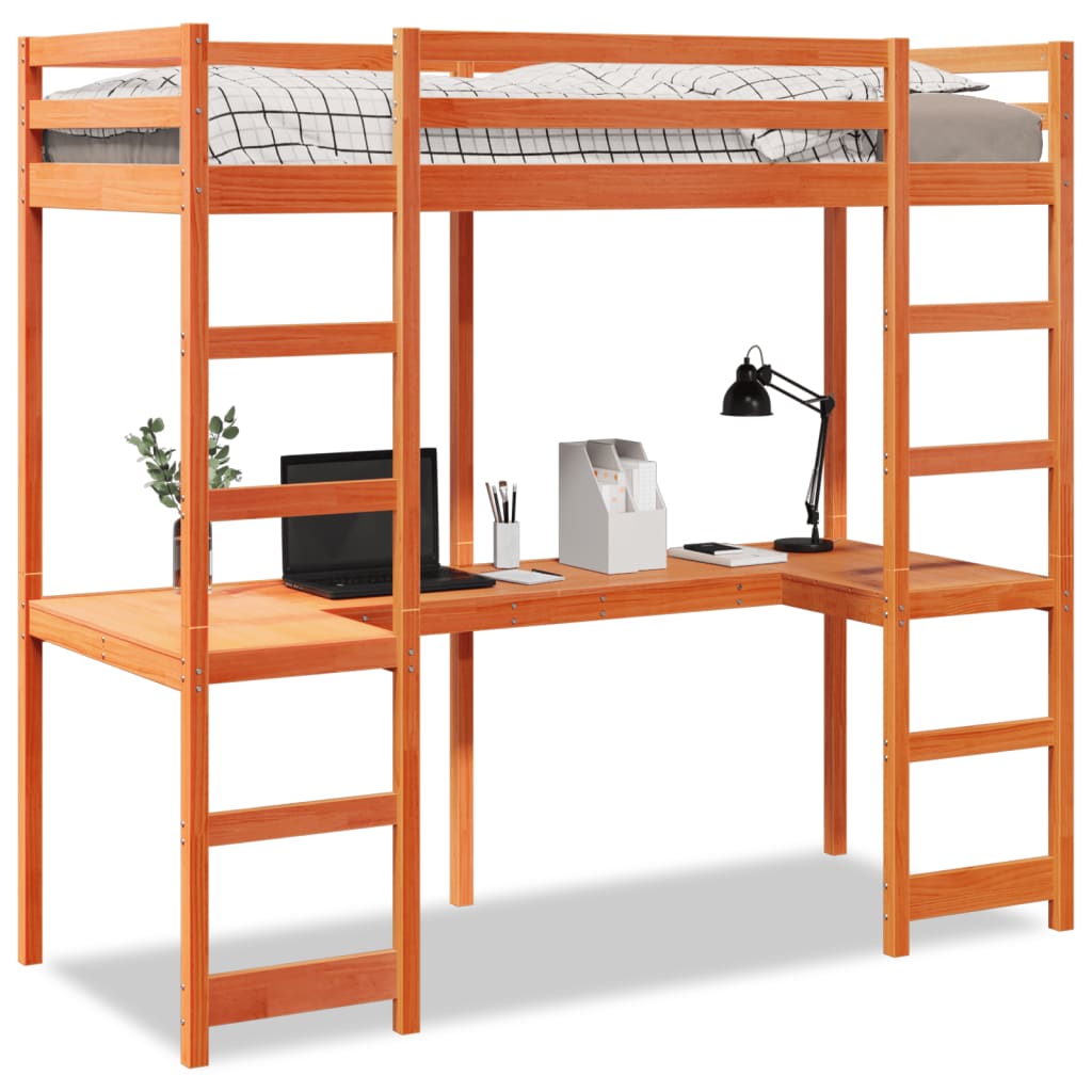 Hochbett mit Schreibtisch Wachsbraun 90x200cm Massivholz Kiefer