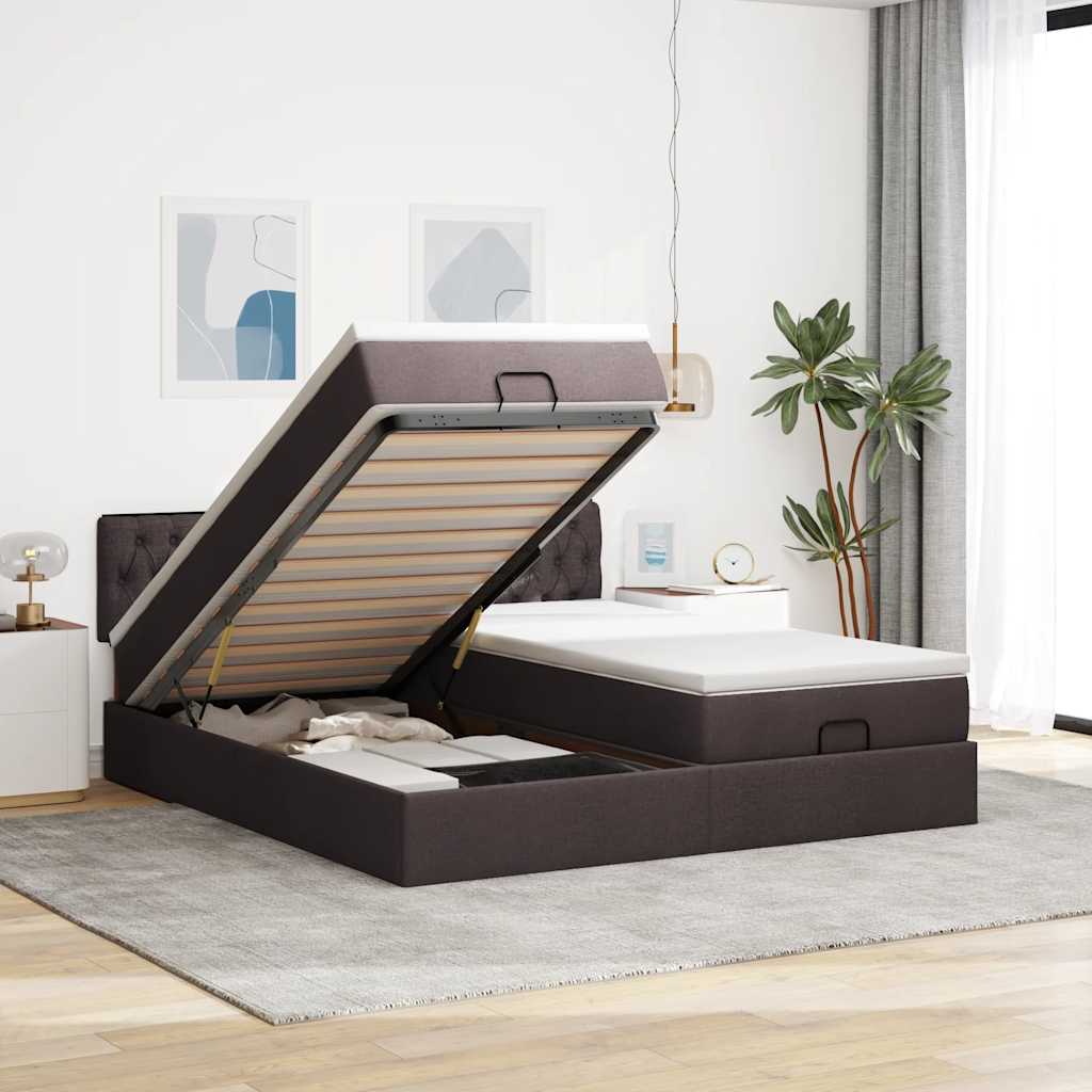 Ottoman-Bett mit Matratzen & LEDs Dunkelbraun 200x200 cm Stoff