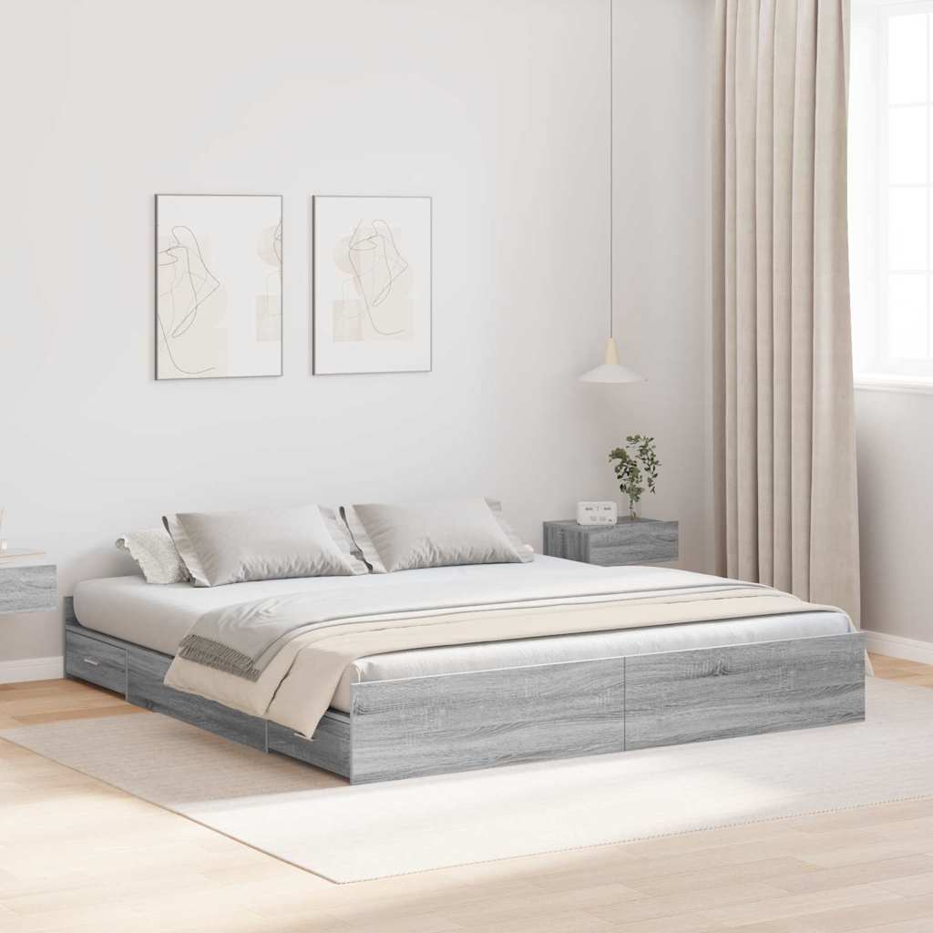 Bett mit Stauraum mit Schubladen mit Kopfteil mit Speicher Grau Sonoma 200 x 200 cm