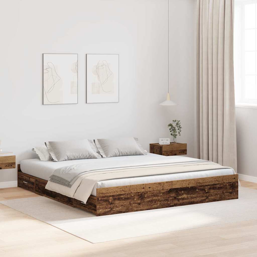 Bett mit Stauraum mit Schubladen mit Kopfteil mit Speicher Altholz 200 x 200 cm