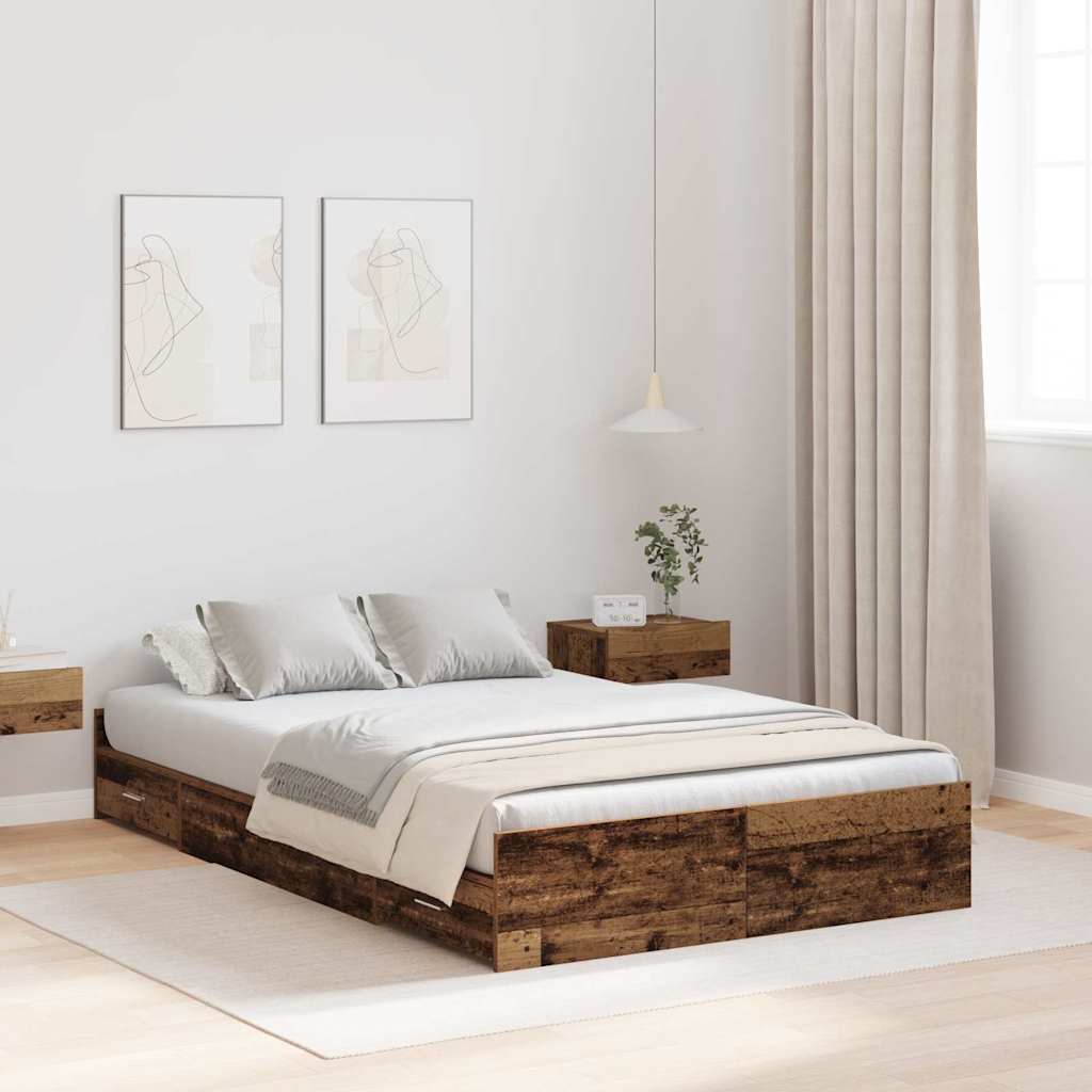 Bett mit Stauraum mit Schubladen mit Kopfteil mit Speicher Altholz 120 x 200 cm Holz