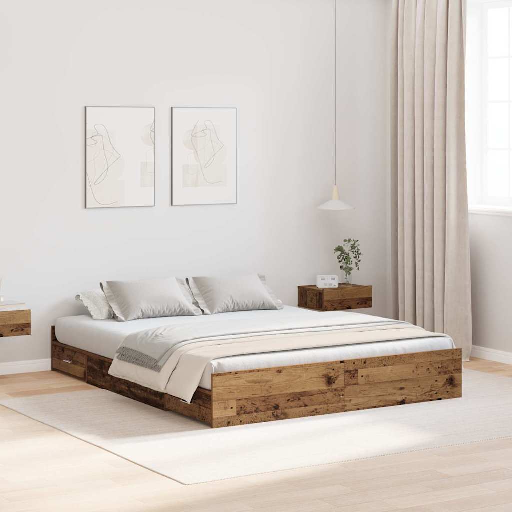 Bett mit Stauraum mit Schubladen mit Kopfteil mit Speicher Altholz 140 x 190 cm Melamin