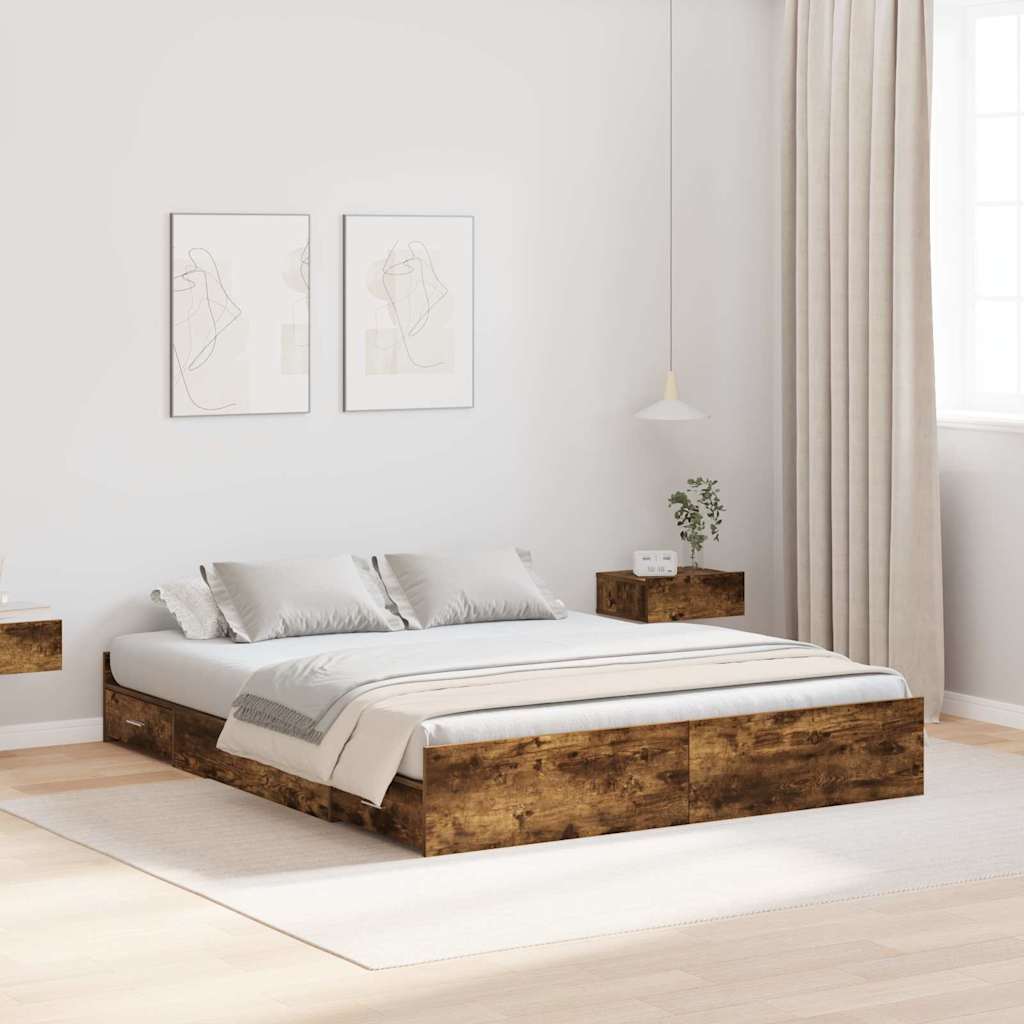 Bett mit Stauraum mit Schubladen mit Kopfteil mit Speicher Räuchereiche 135 x 190 cm Holz