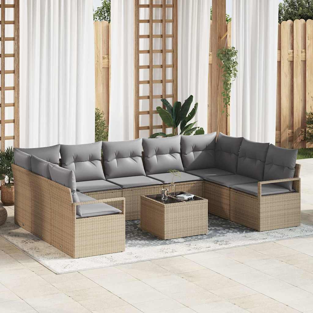 10-teiliges Garten Sofa Set mit Kissen aus schwarzem Poly Rattan