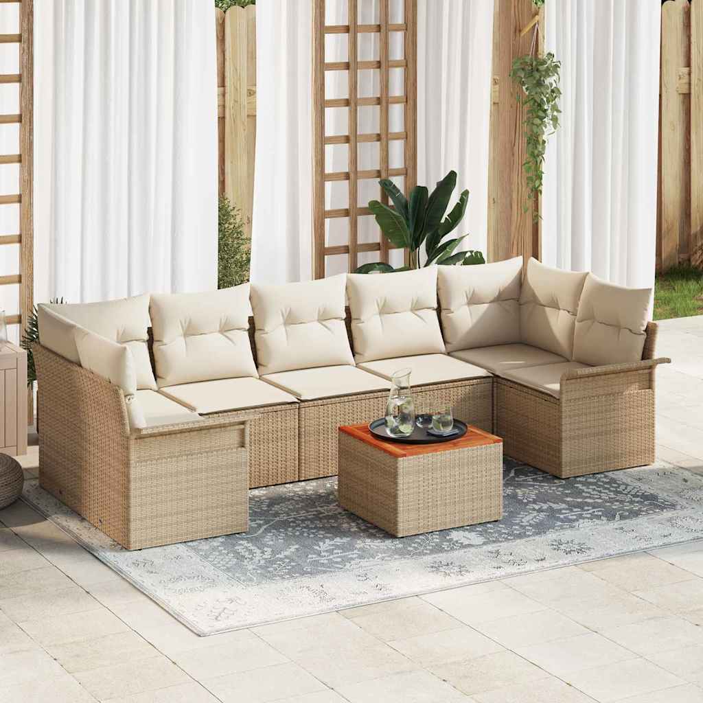 8-teiliges Garten Sofa Set mit Kissen Beige Poly Rattan Akazie