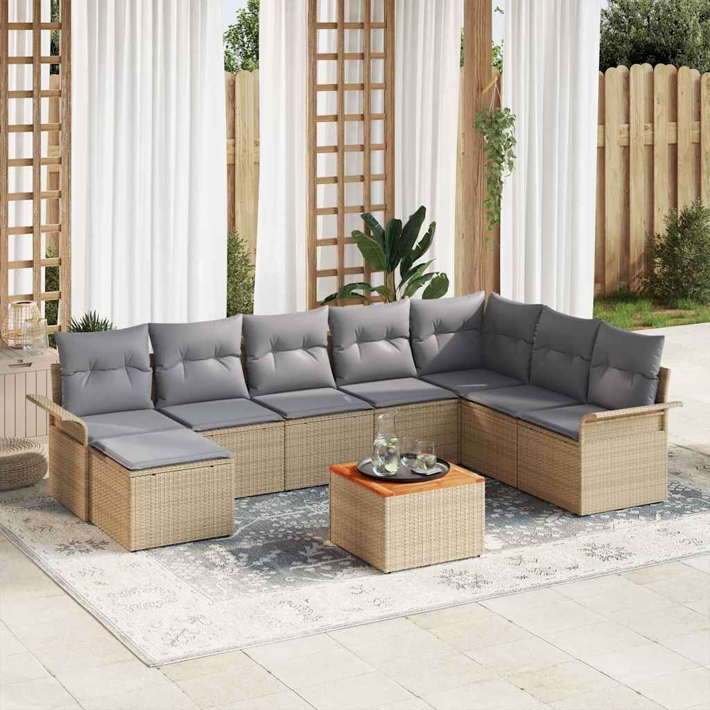 9-tlg. Garten-Sofagarnitur mit Kissen Beige Poly Rattan Akazie