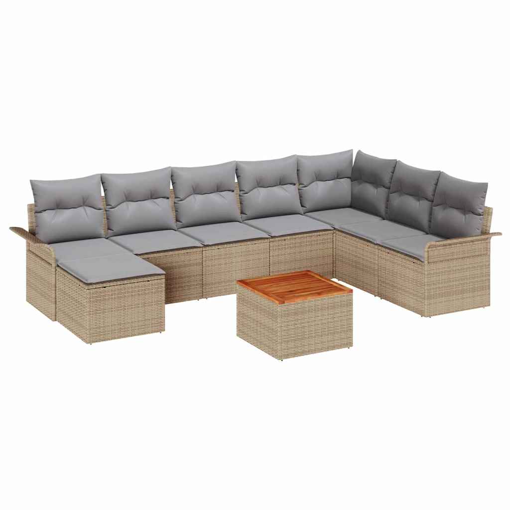 9-tlg. Garten-Sofagarnitur mit Kissen Beige Poly Rattan Akazie