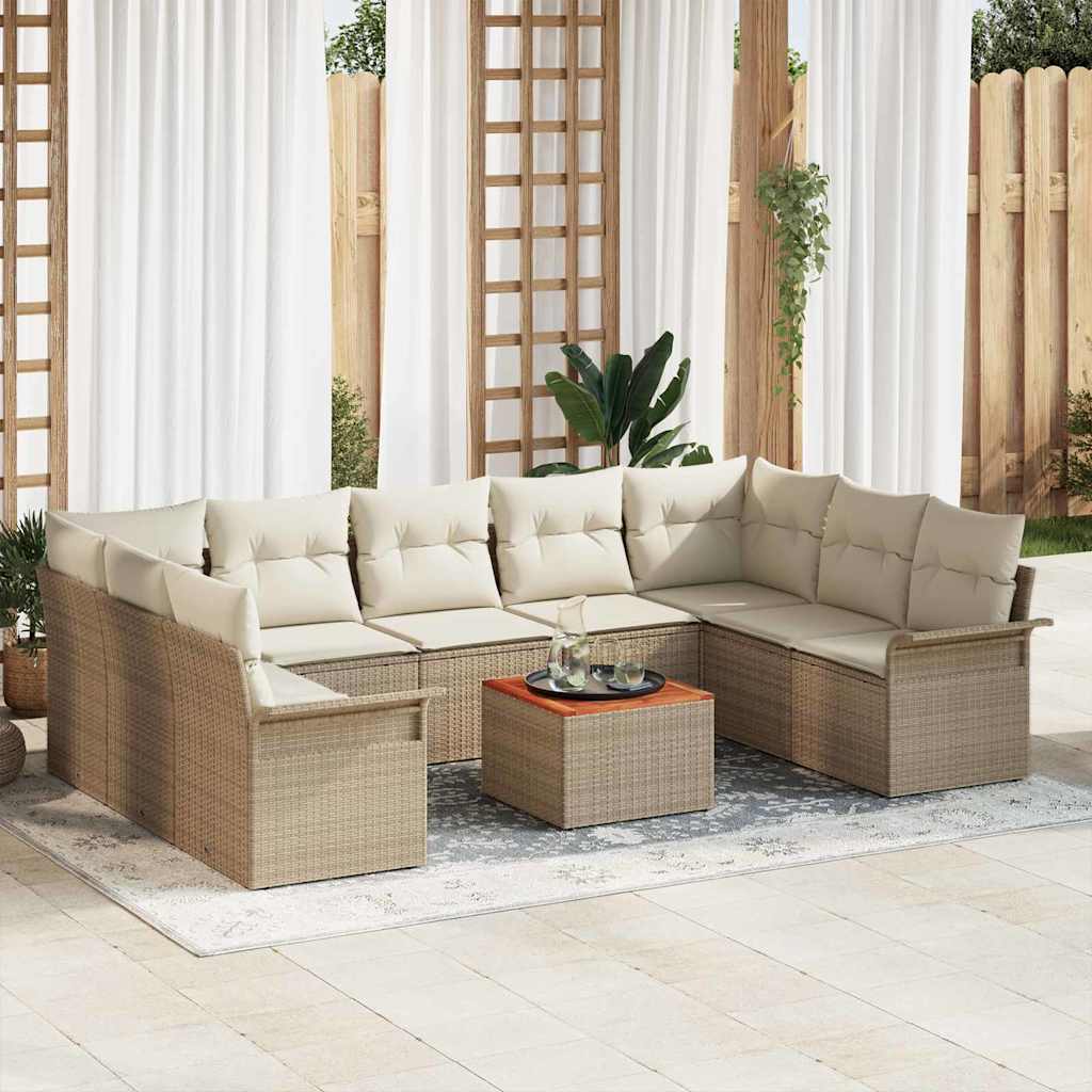 10-teiliges Garten Sofa Set mit Kissen Beige Poly-Rattan Akazie