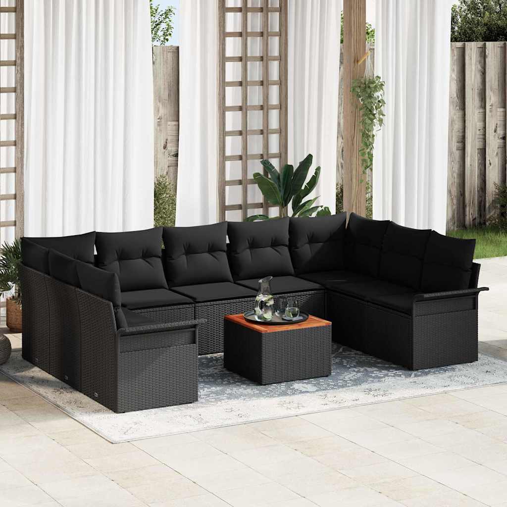 10-teiliges Garten Sofa Set mit Kissen Schwarz Poly Rattan Akazie