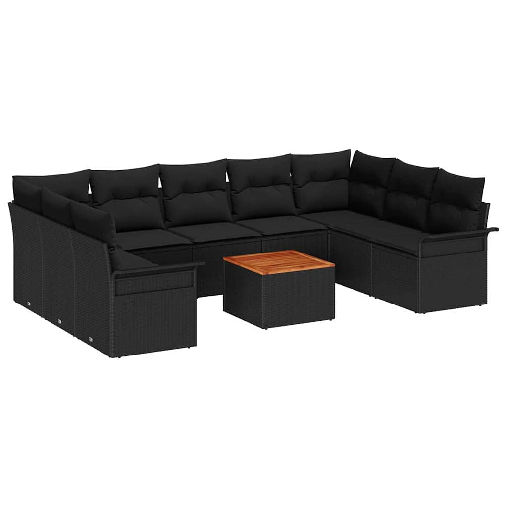 10-teiliges Garten Sofa Set mit Kissen Schwarz Poly Rattan Akazie