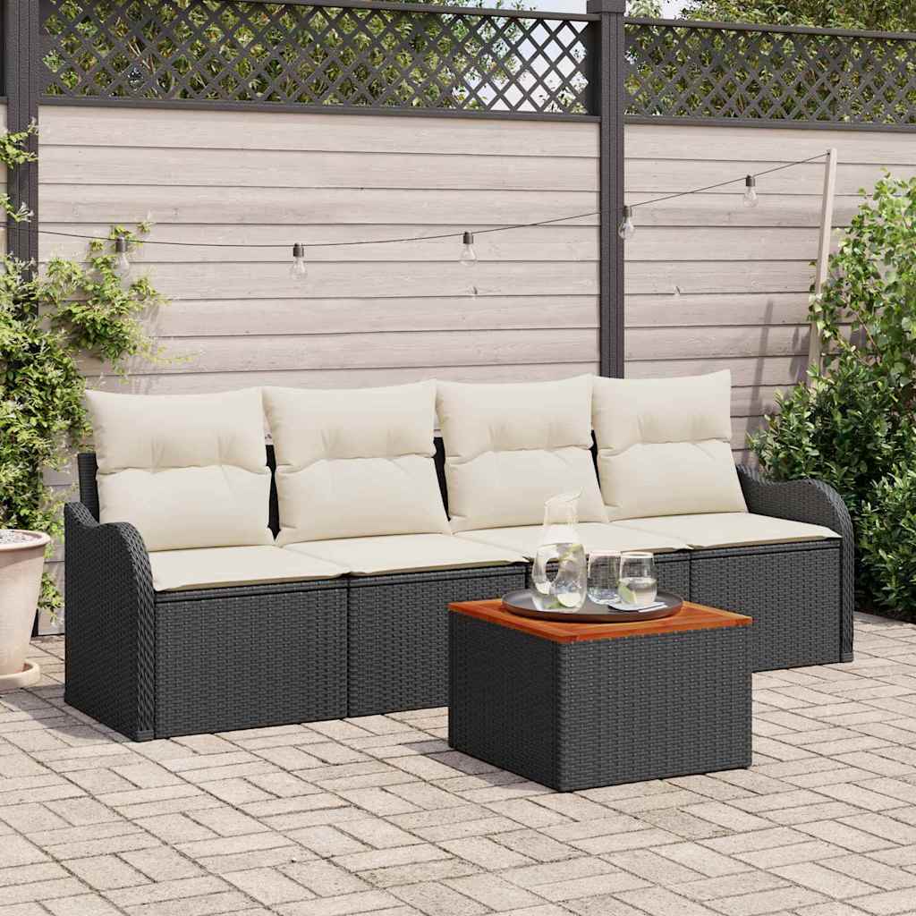 5-teiliges Garten Sofa Set mit Kissen Schwarz Poly Rattan Akazie