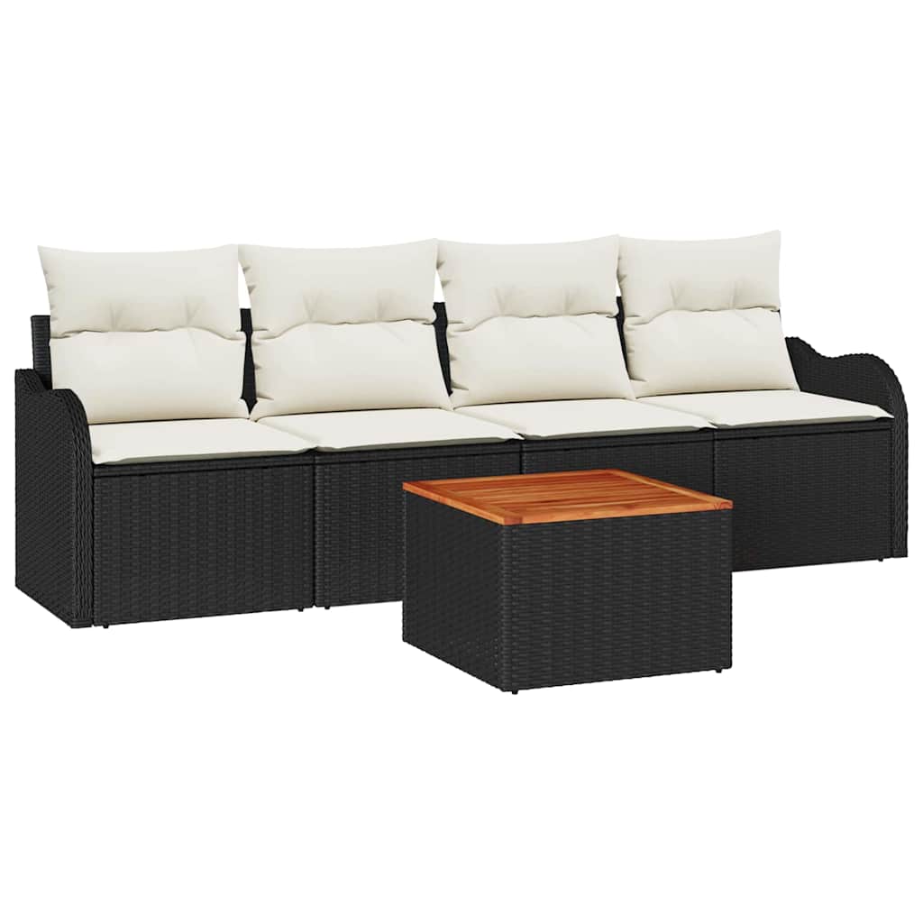 5-teiliges Garten Sofa Set mit Kissen Schwarz Poly Rattan Akazie