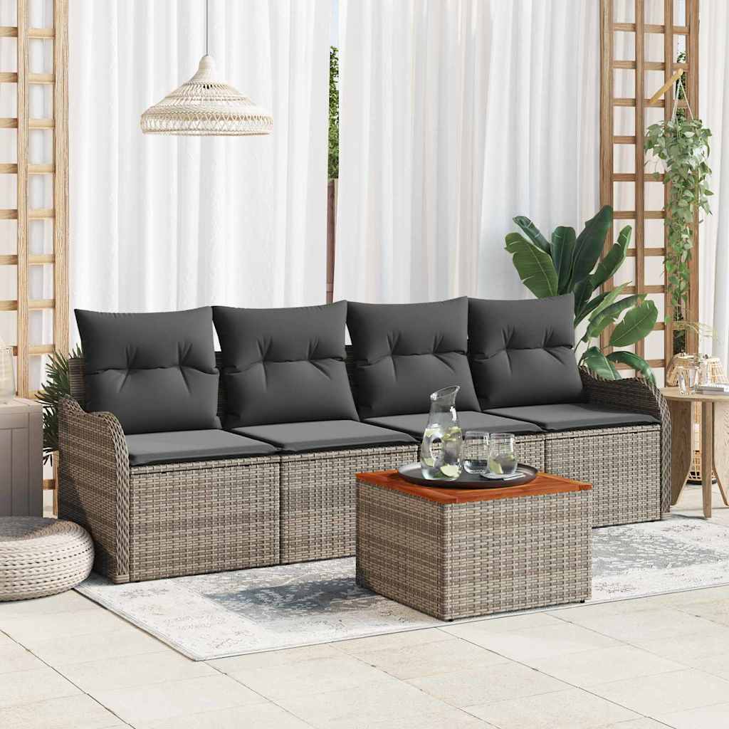 5-teiliges Garten Sofa Set mit Kissen Grau Poly Rattan Akazie