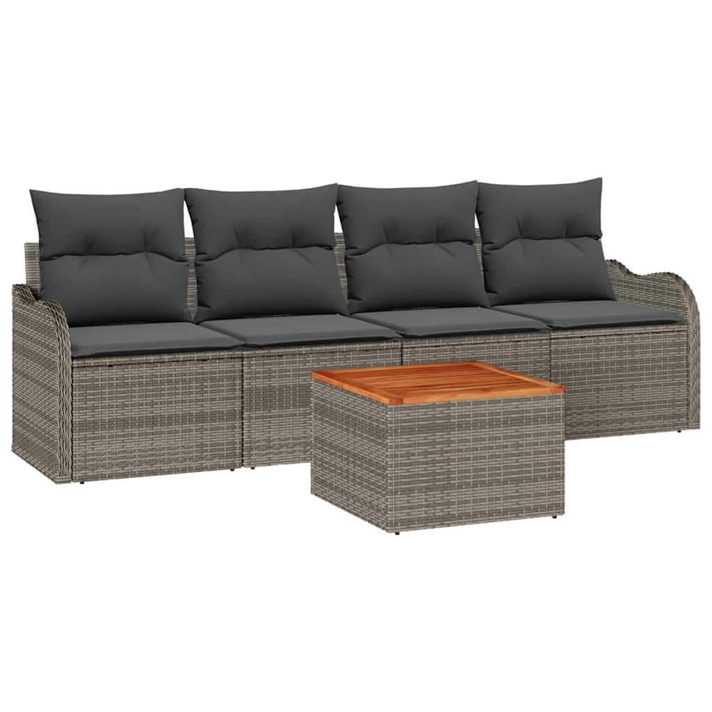 5-teiliges Garten Sofa Set mit Kissen Grau Poly Rattan Akazie