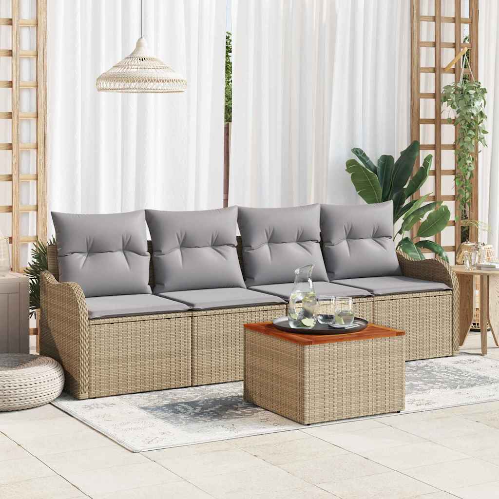 5-teiliges Garten Sofaset mit Kissen Beiges Poly Rattan Akazie