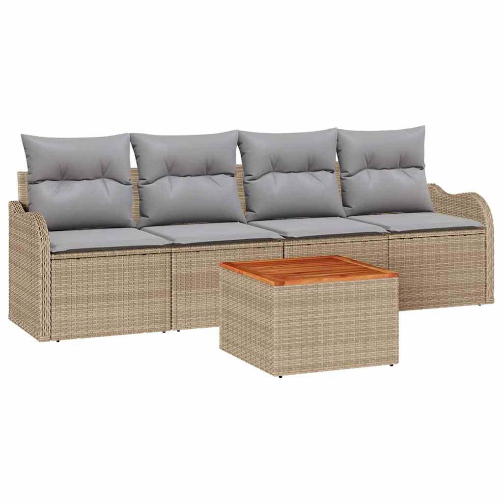5-teiliges Garten Sofaset mit Kissen Beiges Poly Rattan Akazie