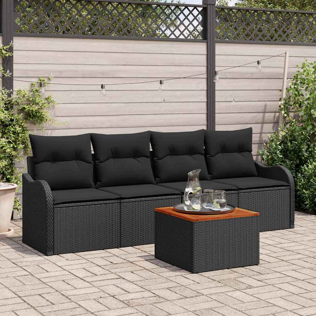 5-teiliges Garten Sofa Set mit Kissen Schwarz Poly Rattan Akazie