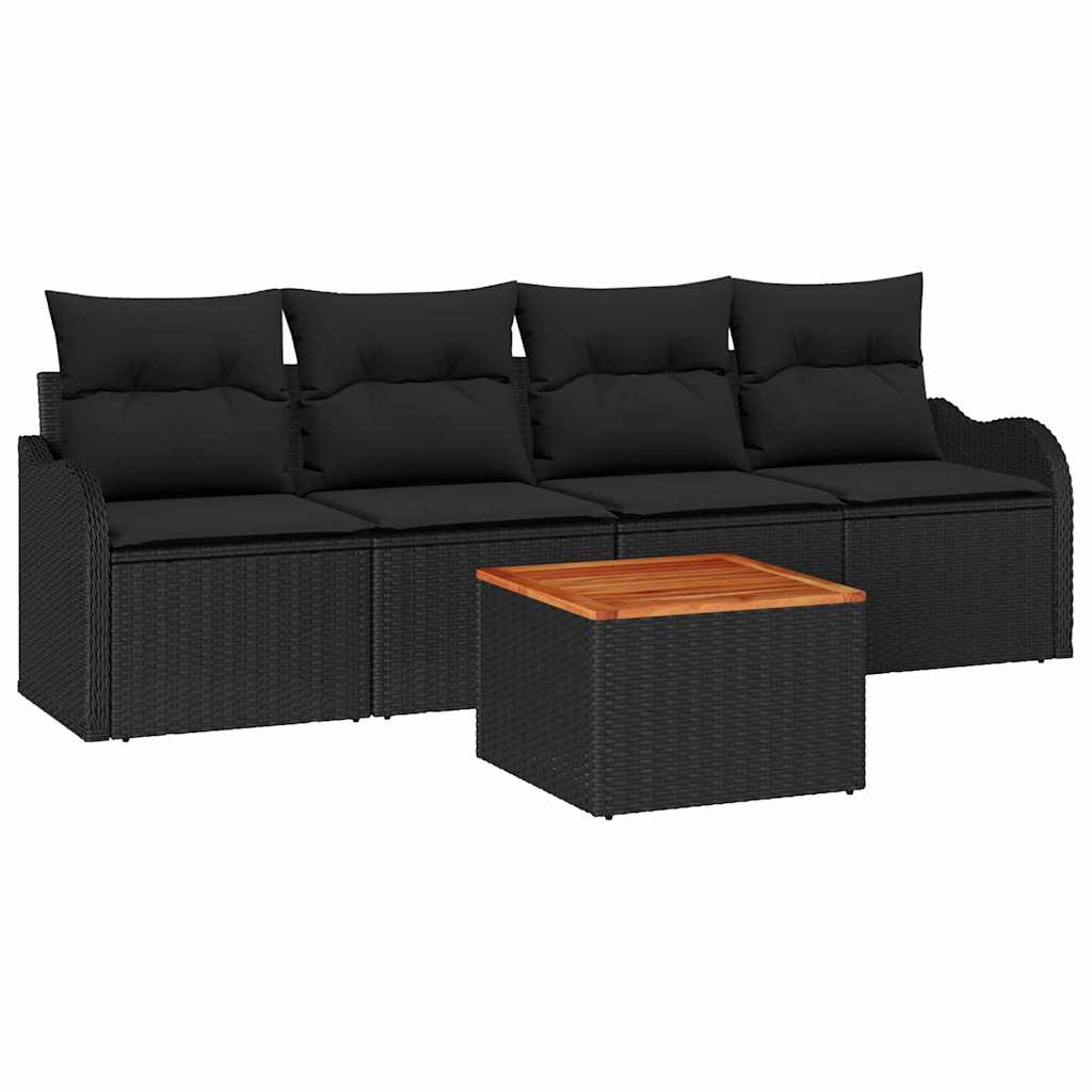 5-teiliges Garten Sofa Set mit Kissen Schwarz Poly Rattan Akazie
