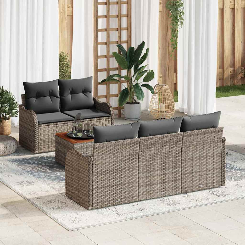 6-tlg. Garten-Sofagarnitur mit Kissen Grau Poly Rattan Akazie