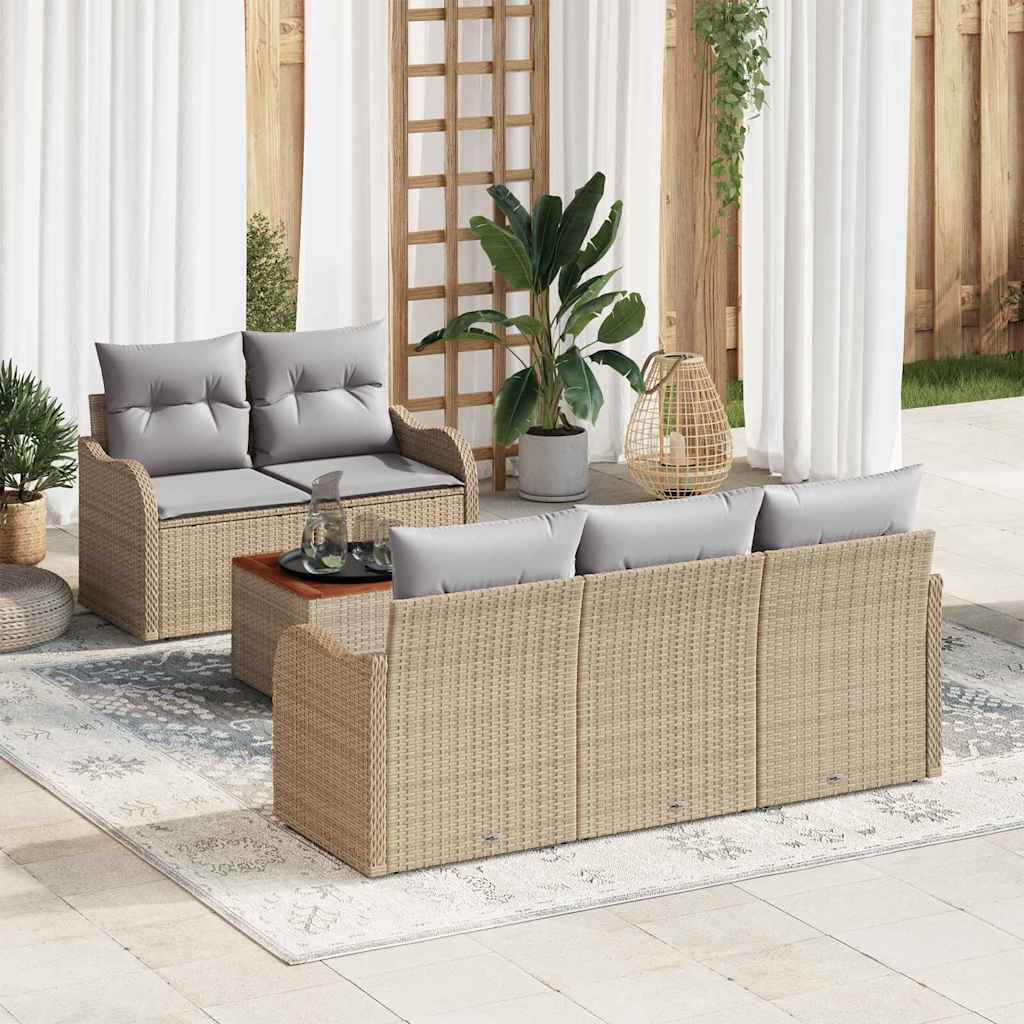 6-tlg. Garten-Sofagarnitur mit Kissen Beige Poly Rattan Akazie