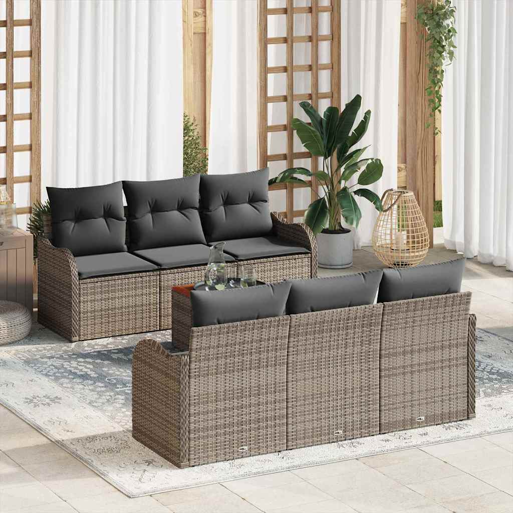 7-teiliges Garten Sofa Set mit Kissen Grau Poly Rattan Akazie