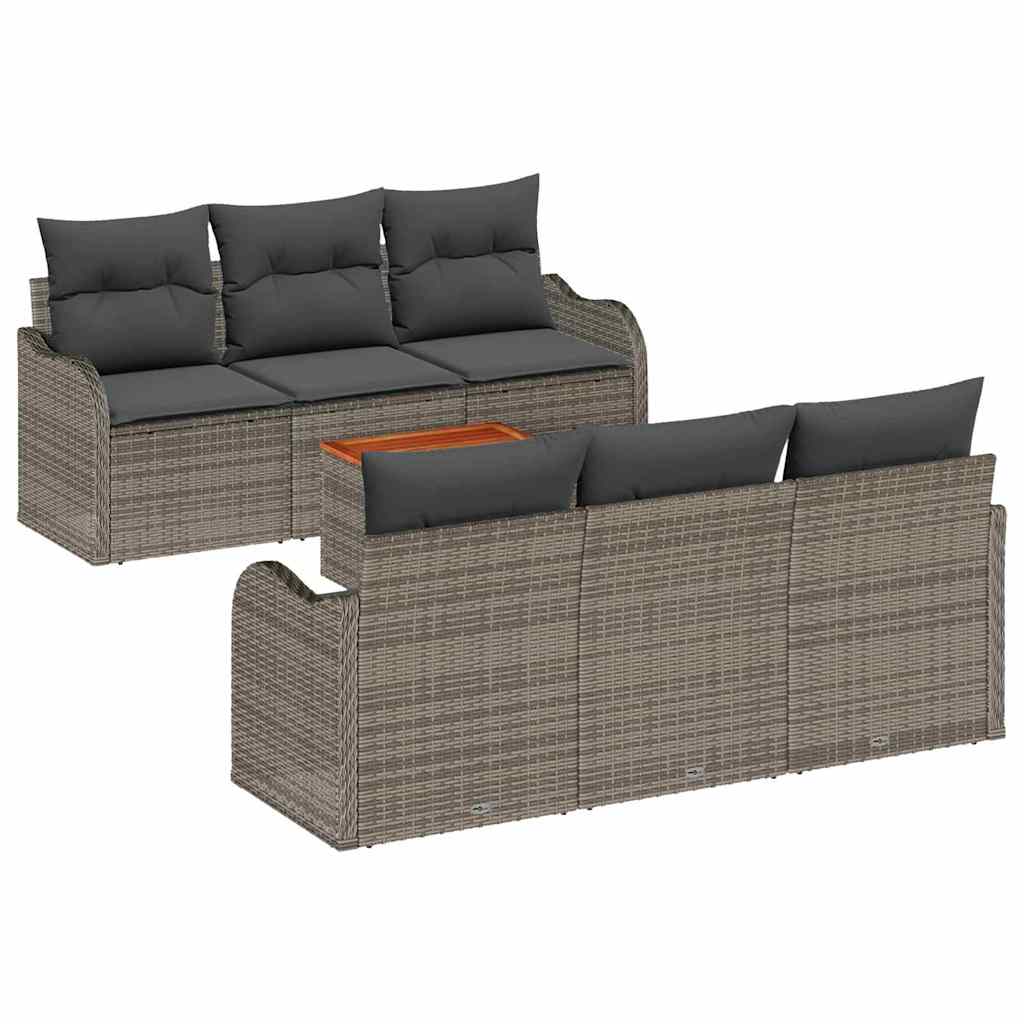 7-teiliges Garten Sofa Set mit Kissen Grau Poly Rattan Akazie