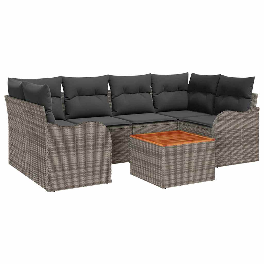 7-teiliges Garten Sofa Set mit Kissen Grau Poly Rattan Akazie
