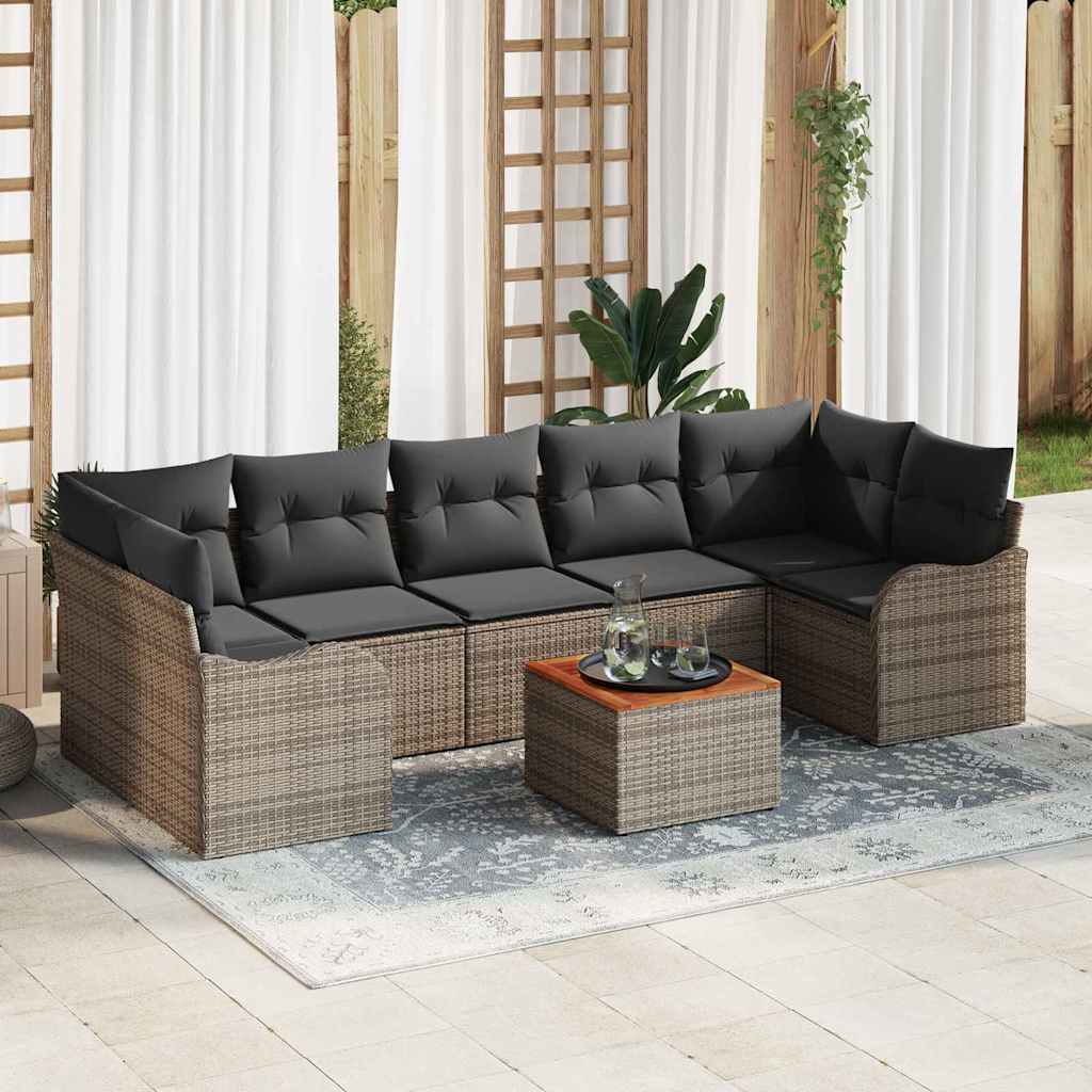 8-teiliges Garten Sofa Set mit Kissen Grau Poly Rattan Akazie