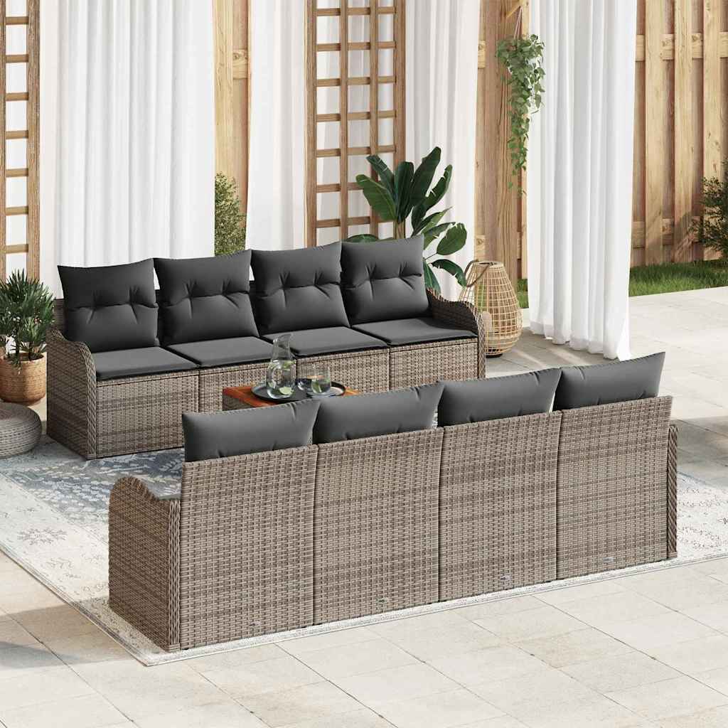 9-teiliges Garten Sofa Set mit Kissen Grau Poly Rattan Akazie