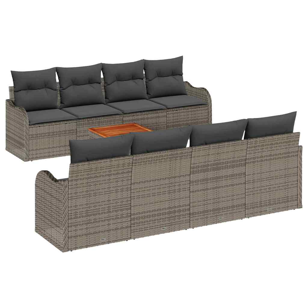 9-teiliges Garten Sofa Set mit Kissen Grau Poly Rattan Akazie