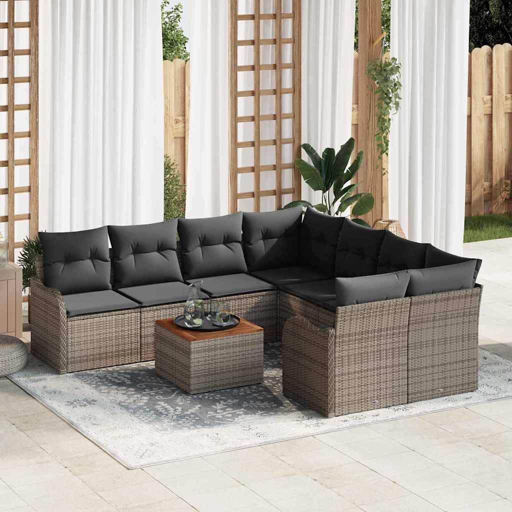 9-teilige Garten Sofa Set mit Kissen Grau Poly Rattan Akazie