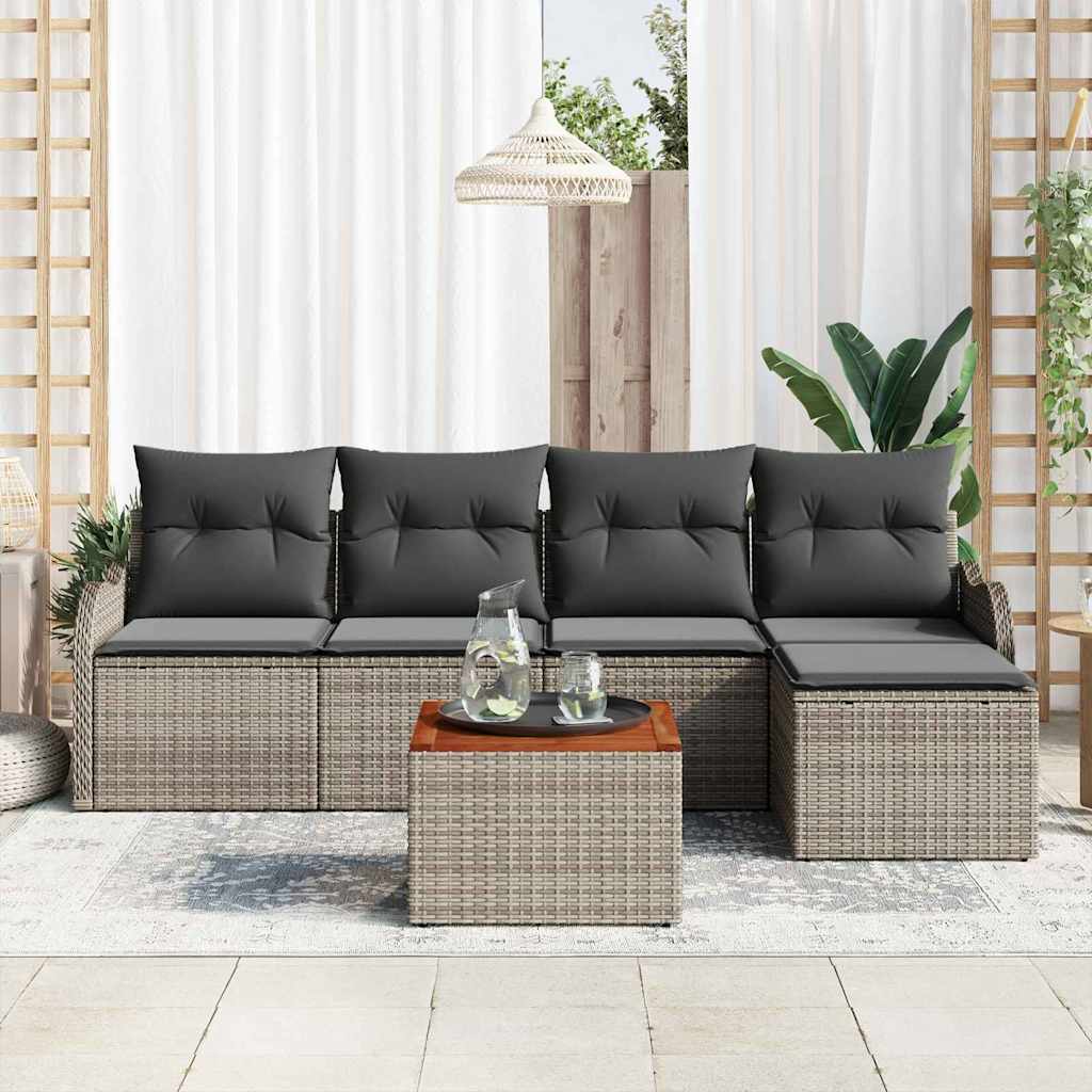 6-teiliges Garten Sofa Set mit Kissen Grau Poly Rattan Akazie
