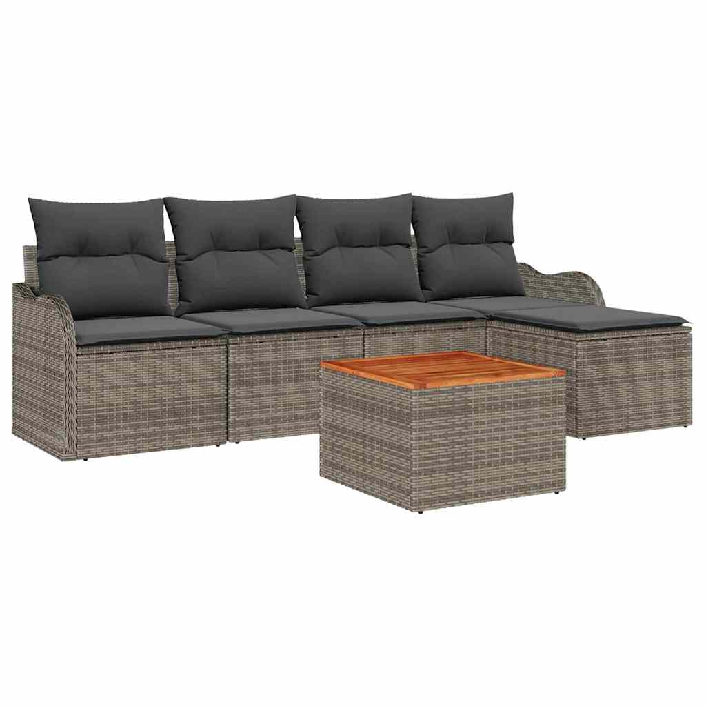 6-teiliges Garten Sofa Set mit Kissen Grau Poly Rattan Akazie