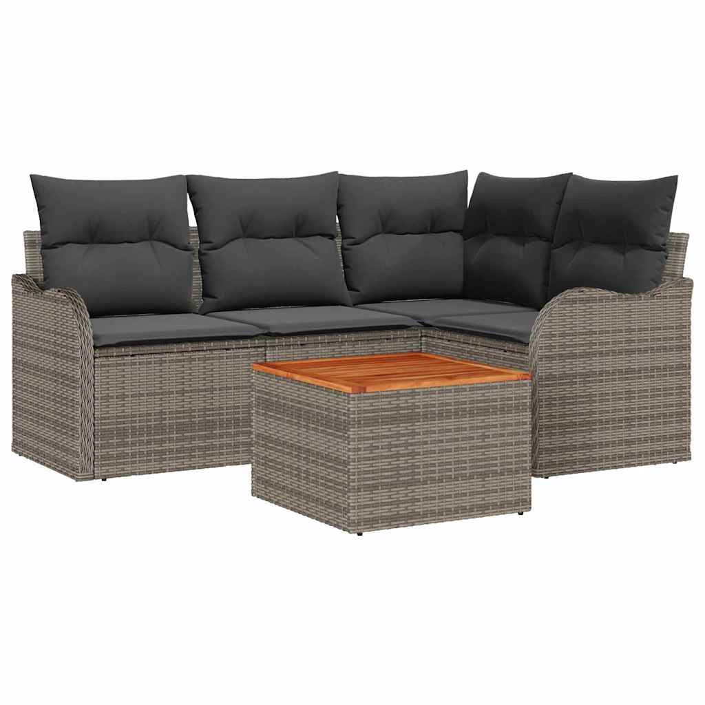 5-teiliges Garten-Sofa-Set mit Kissen Grau Poly-Rattan Akazie