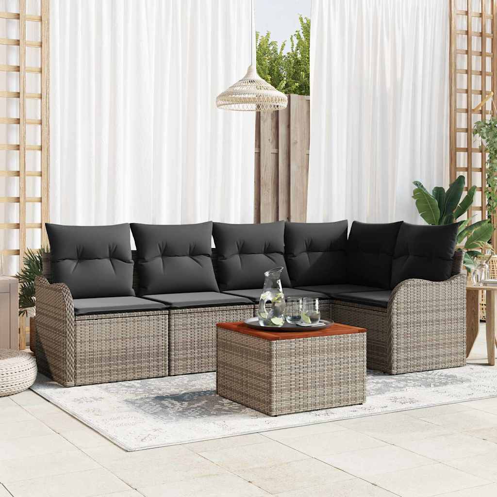 6-teiliges Garten Sofa Set mit Kissen Grau Poly Rattan Akazie