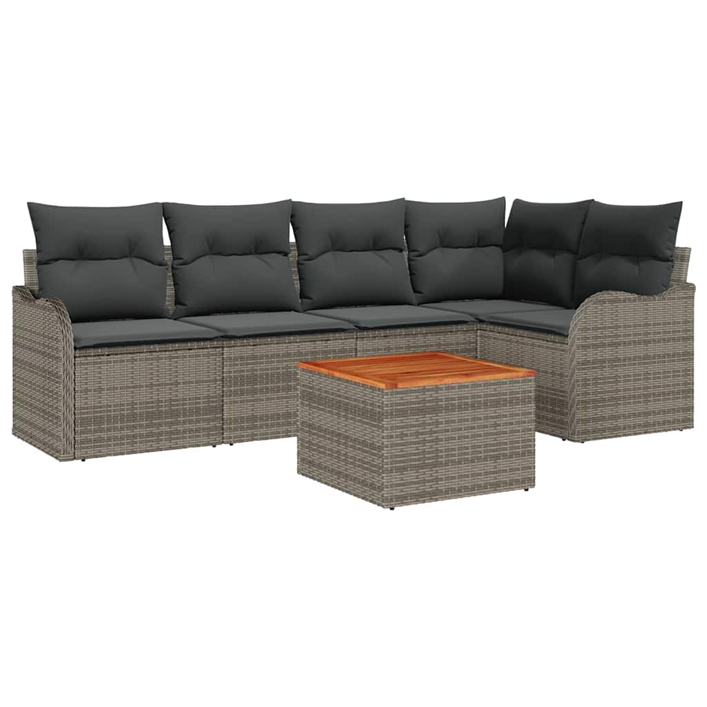 6-teiliges Garten Sofa Set mit Kissen Grau Poly Rattan Akazie
