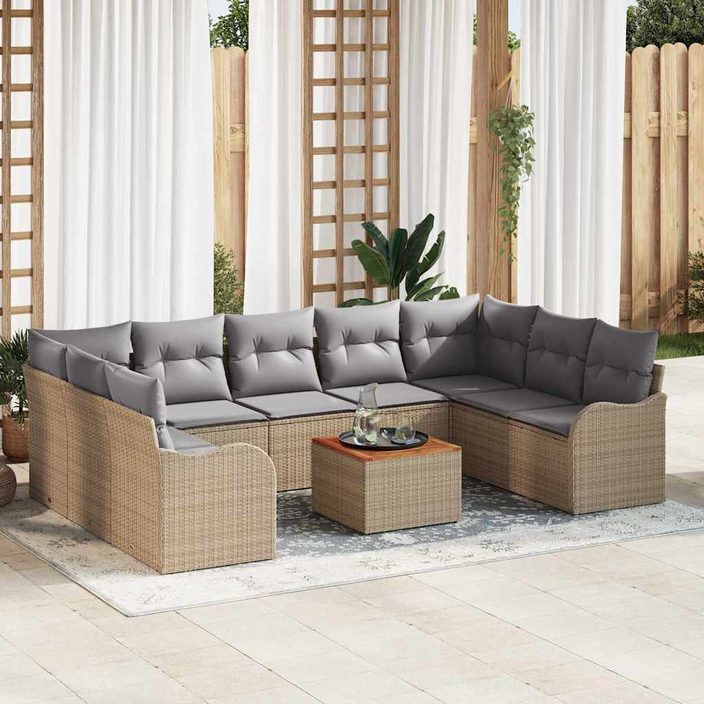 10-teiliges Garten Sofa Set mit Kissen Beige Poly Rattan Akazie