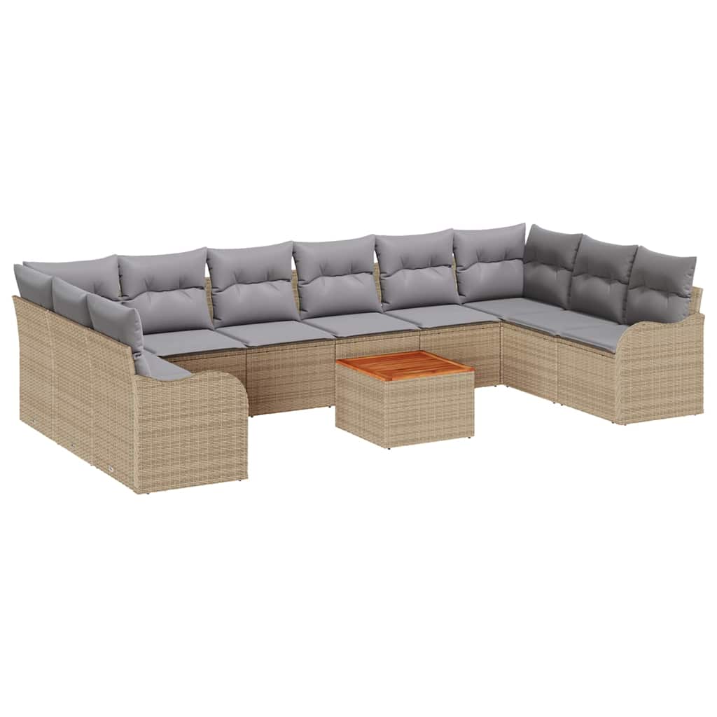 10-teiliges Garten Sofa Set mit Kissen Beige Poly Rattan Akazie