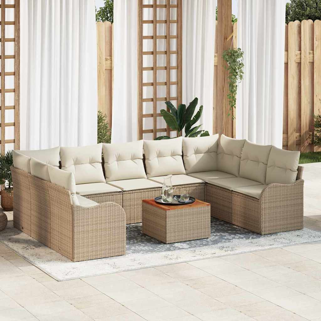 10-teiliges Garten Sofa Set mit Kissen Beige Poly Rattan Akazie