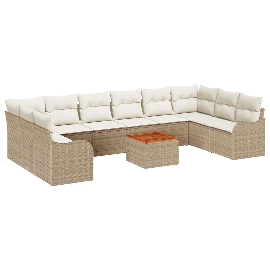 10-teiliges Garten Sofa Set mit Kissen Beige Poly Rattan Akazie