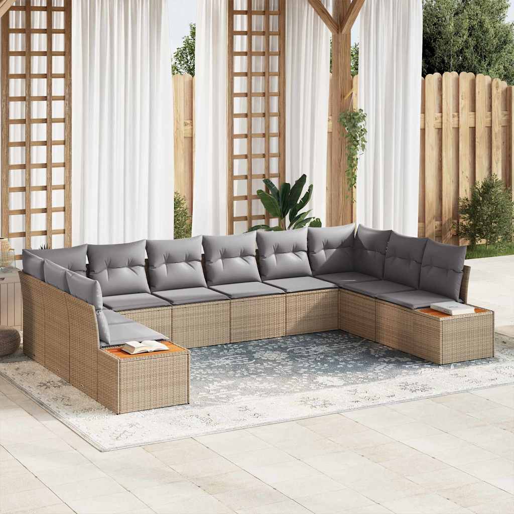 10-teiliges Garten Sofa Set mit Kissen Beige Poly Rattan Akazie
