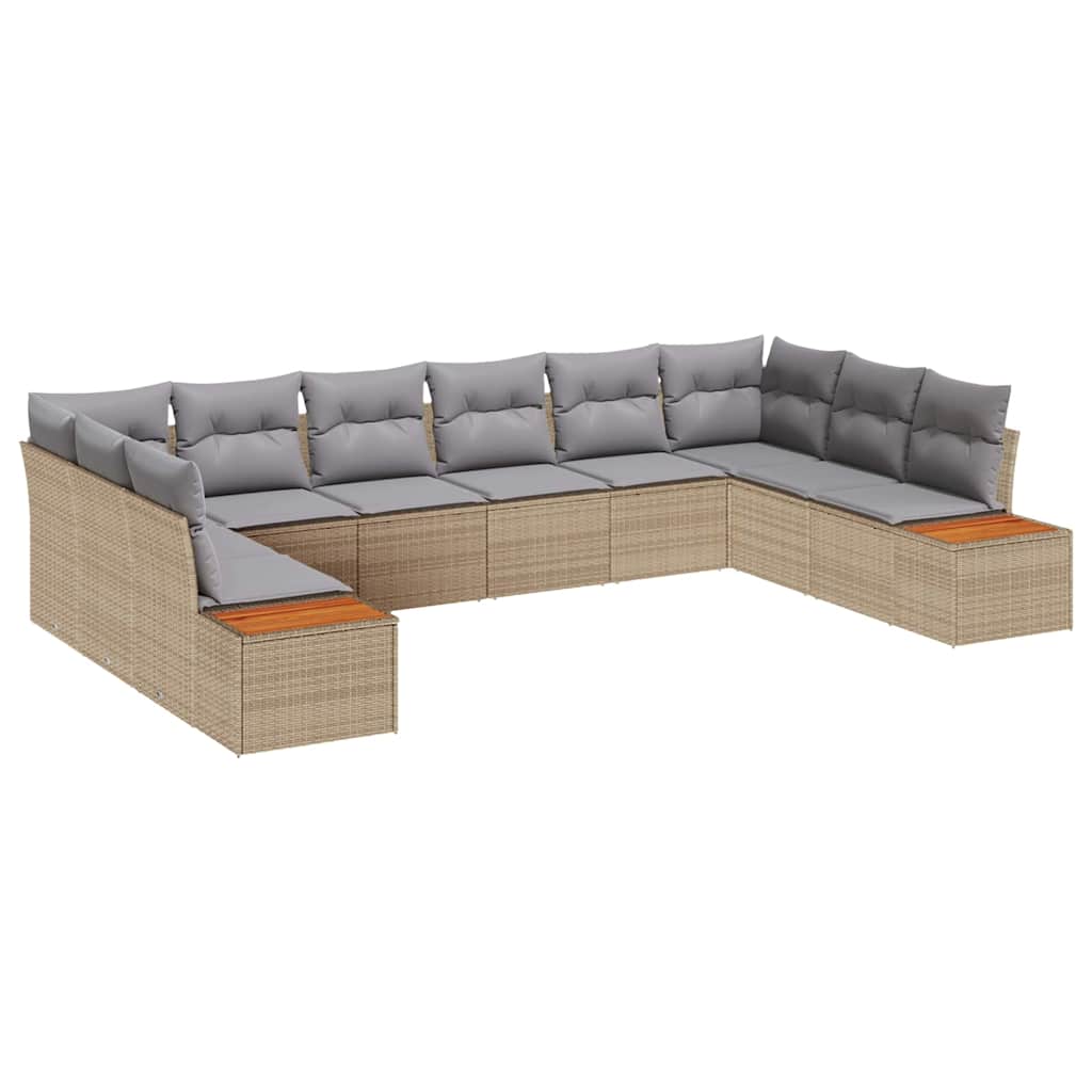 10-teiliges Garten Sofa Set mit Kissen Beige Poly Rattan Akazie