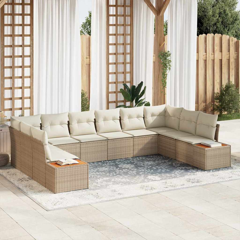 10-teiliges Garten Sofa Set mit Kissen Beige Poly Rattan Akazie