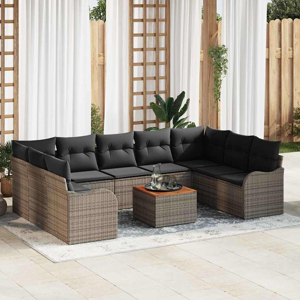10-teiliges Garten Sofa Set mit Kissen Grau Poly Rattan Akazie