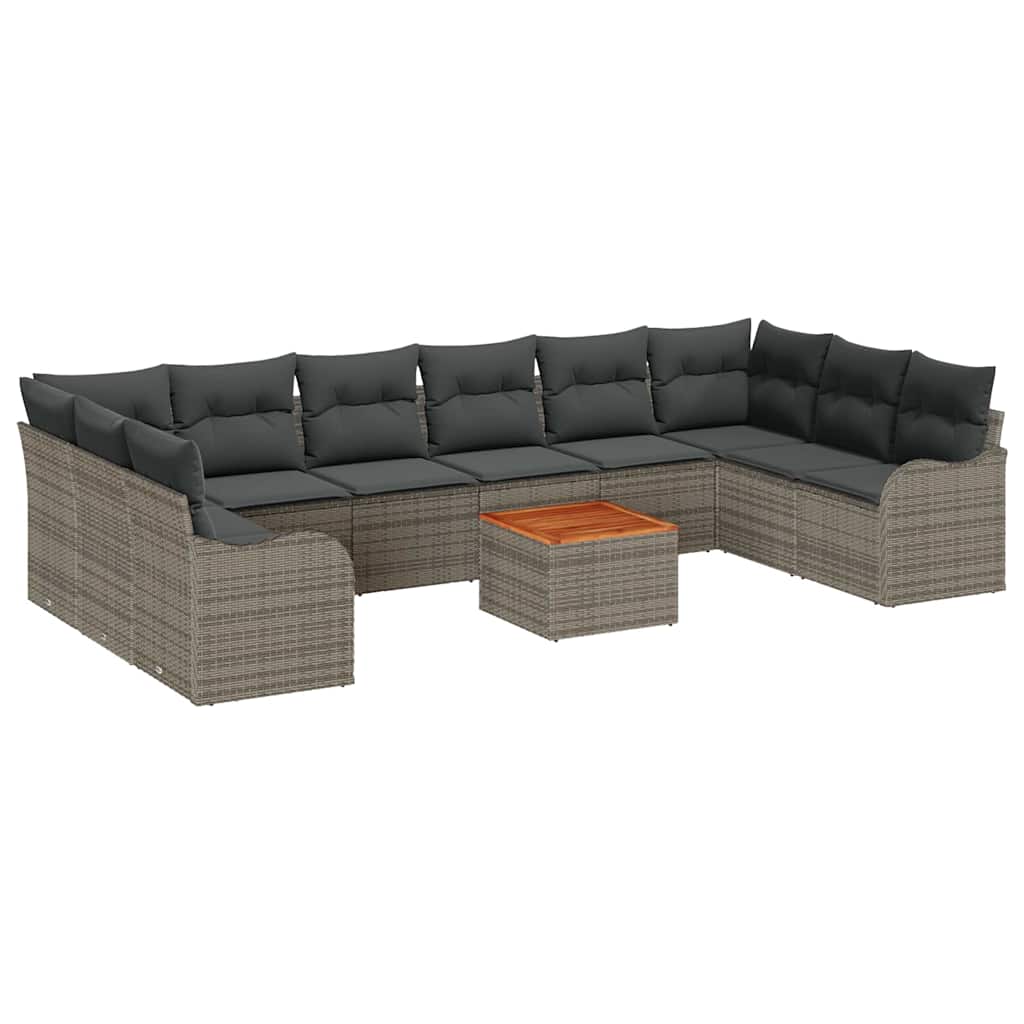 10-teiliges Garten Sofa Set mit Kissen Grau Poly Rattan Akazie