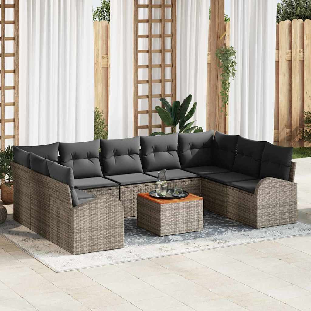 10-teiliges Garten Sofa Set mit Kissen Grau Poly Rattan Akazie