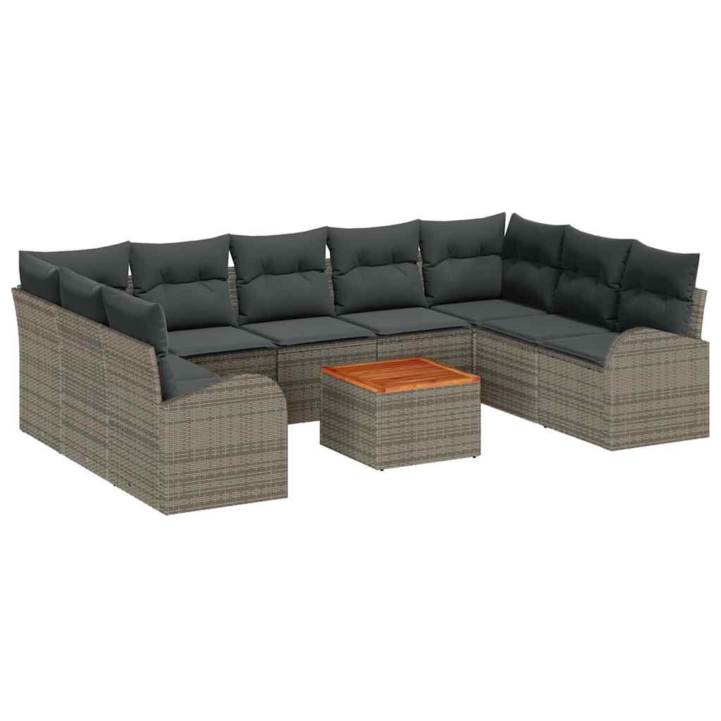 10-teiliges Garten Sofa Set mit Kissen Grau Poly Rattan Akazie