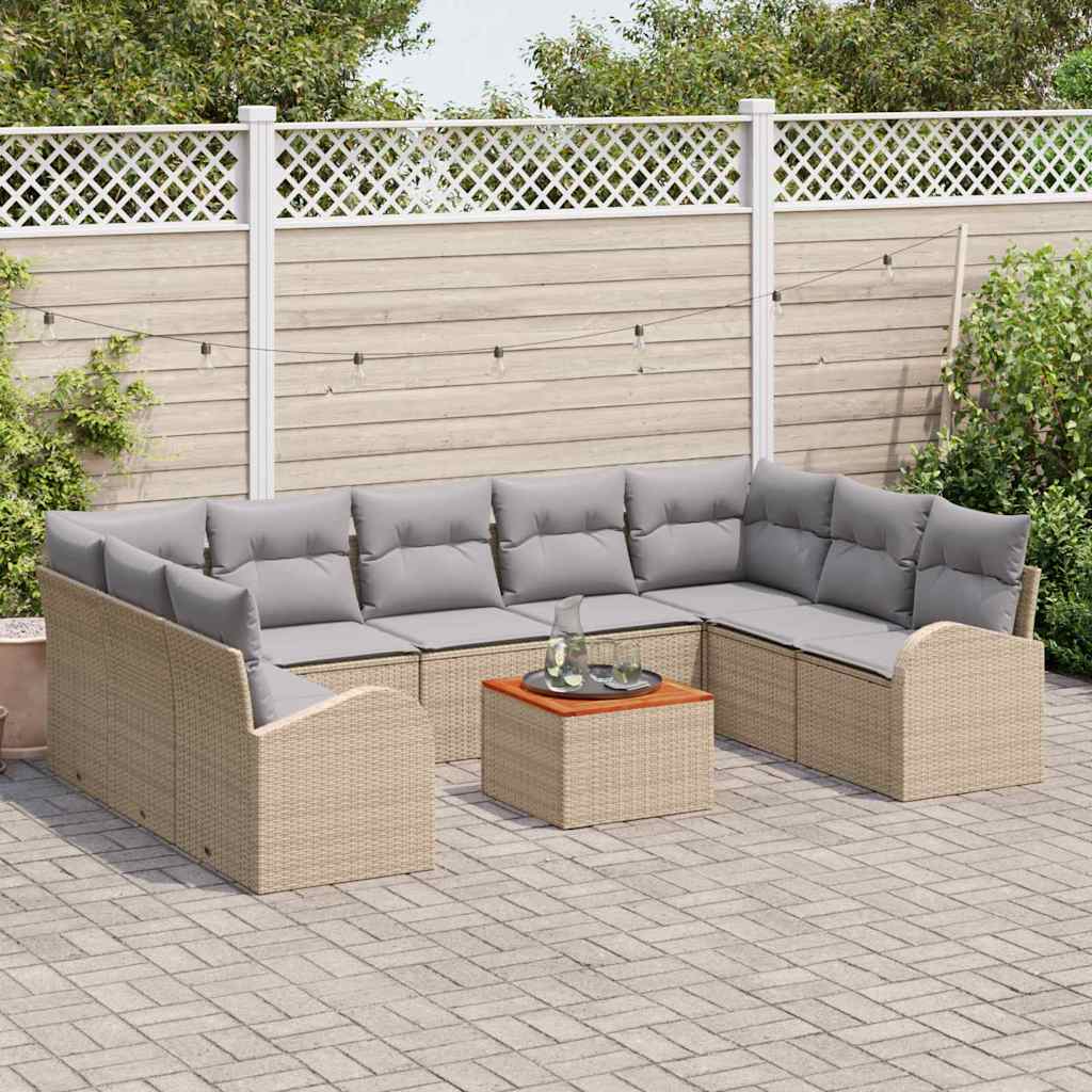10-teilige Garten Sofa Set mit Kissen Beige Poly Rattan Akazie