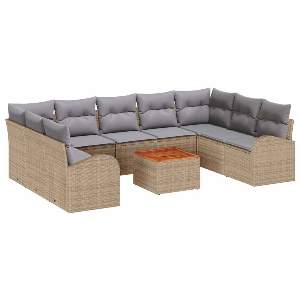 10-teilige Garten Sofa Set mit Kissen Beige Poly Rattan Akazie