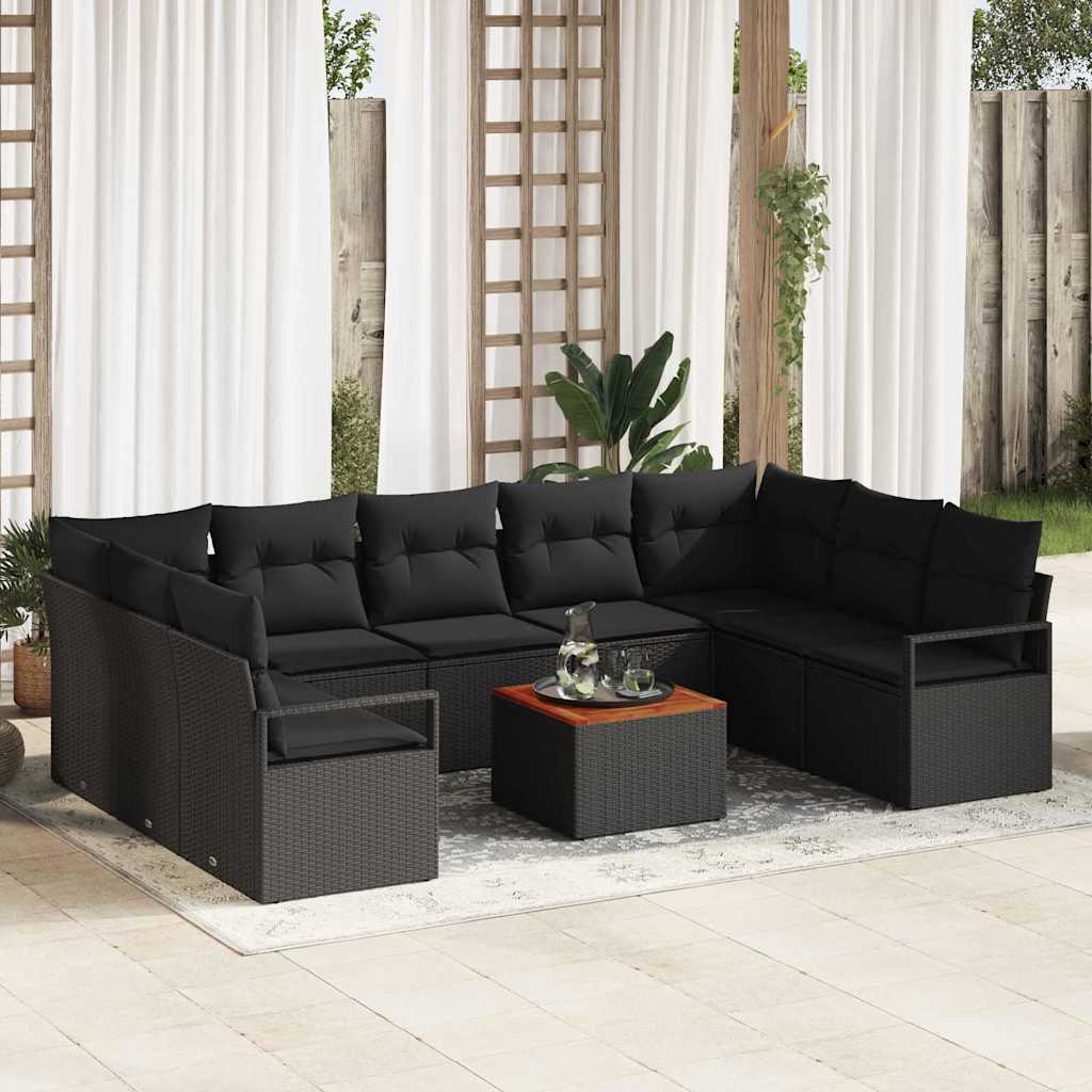 10-teilige Garten Sofa Set mit Kissen Schwarz Poly Rattan Akazie